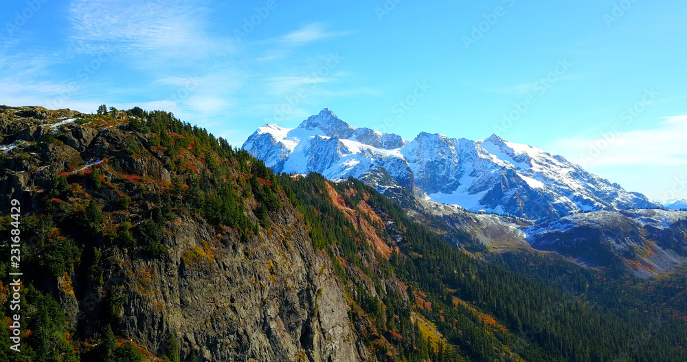 Mount Shuksan Pine Ridge With Snowy Peaks In Background - Artist Point, Washington, USA - 4K Aerial Drone Footage