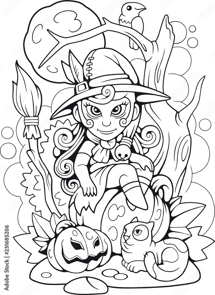 cartoon cute witch sitting on a pumpkin, funny illustration, coloring ...