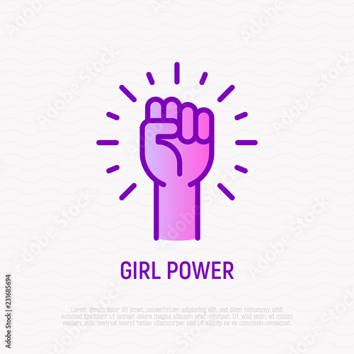 Girl power thin line icon: woman's hand with fist. Modern vector illustration.