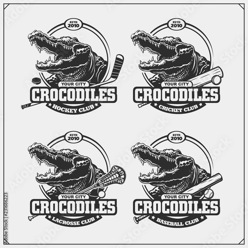 Cricket, baseball, lacrosse and hockey logos and labels. Sport club emblems with crocodile.
