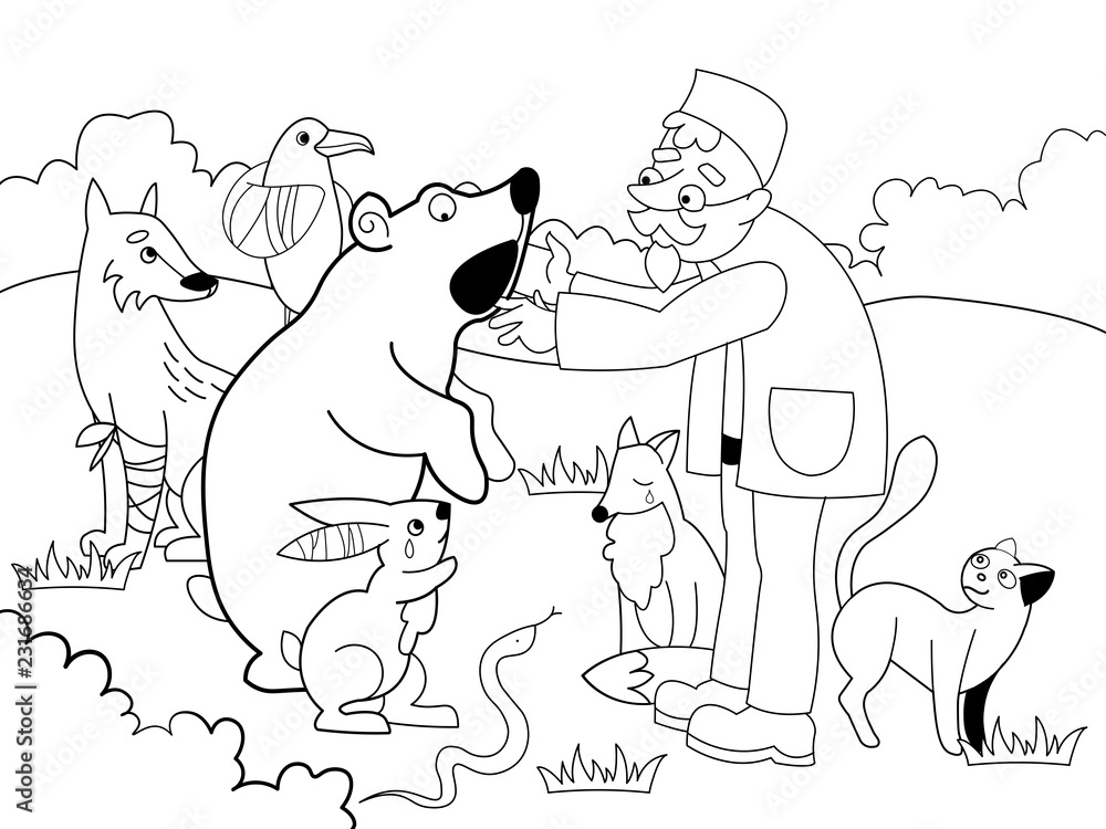 Veterinarian treats animals in the forest raster illustration. Black and white, coloring Veterinarian treats animals in the forest raster illustration. Black and white, coloring