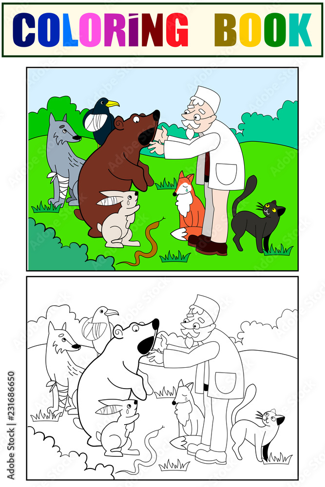 Veterinarian treats animals in the forest raster illustration. Color, Black and white