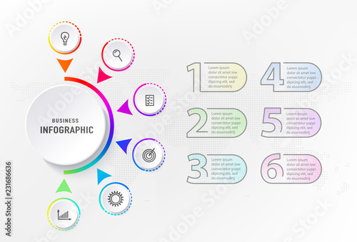 Infograph 6 steps element, diagram process with centre circle and numbers. Graphic chart diagram, business timeline graphic design in rainbow color with icons, dots world map. Vector illustration