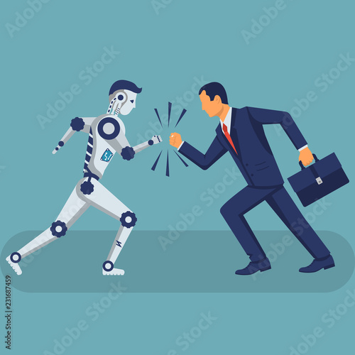 Robot vs human. Versus concept. Vector illustration flat design. Isolated on background. Businessman with the robot collided in battle. Conflict ai with humanoid.