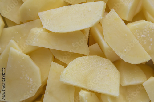 Chopped potatoes. In the chopped potato plate . Sliced, peeled raw potatoes on a board . Chopped potatoes in a bowl . Diced potatoes - as an ingredient to a potato based dish