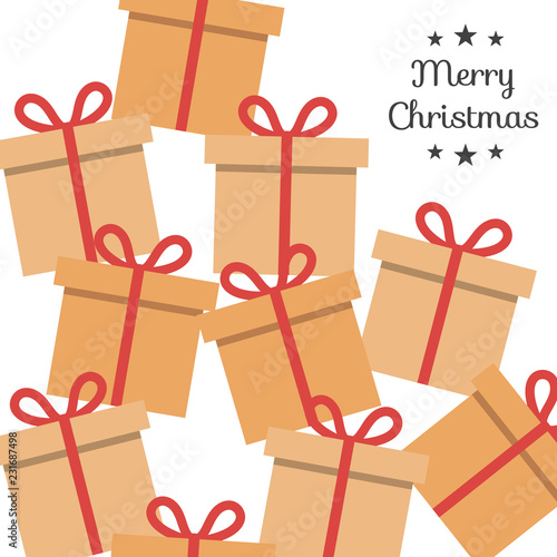 Christmas gift pile with cardboard boxes , red bow and merry christmas text.