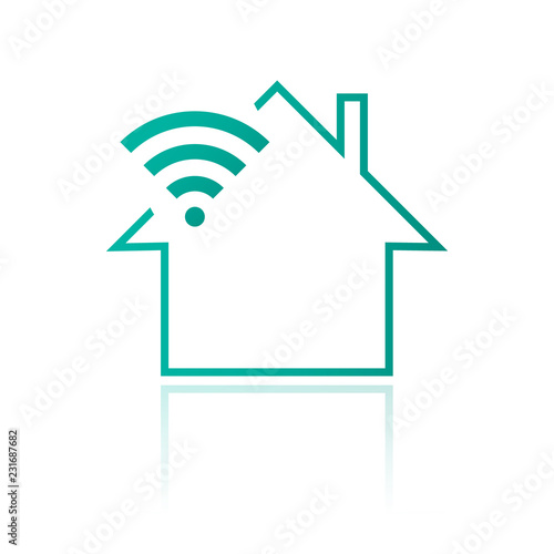 Smart house logo with outline house icon, wifi signal and reflection. Remote controlled home icon in clean modern design.