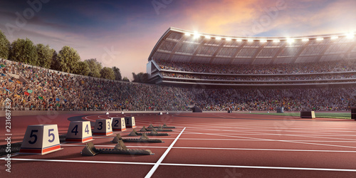 Running track 3D illustration. Professional athletics stadium. Starting line with starting block photo