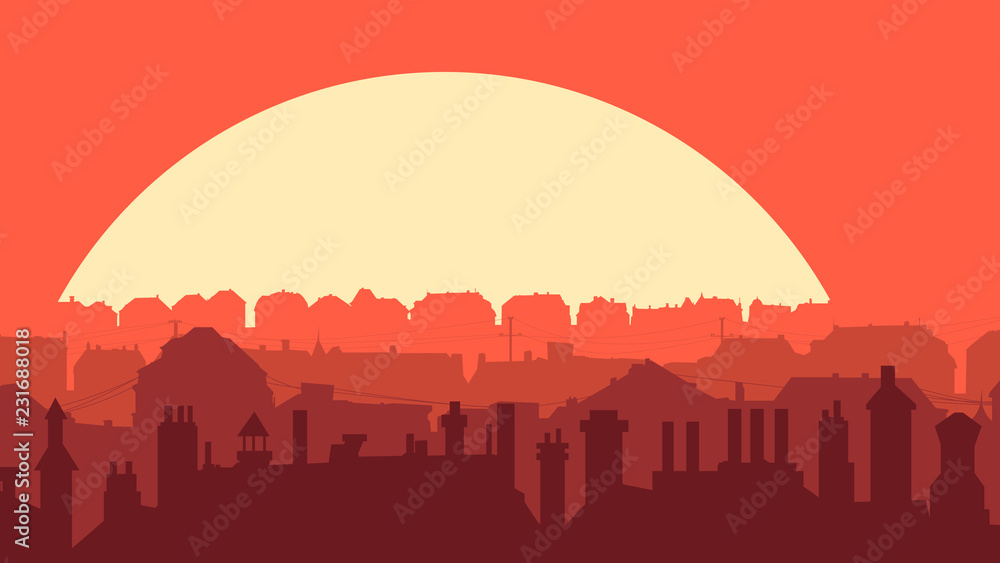 Horizontal illustration of downtown part of city at sunset.