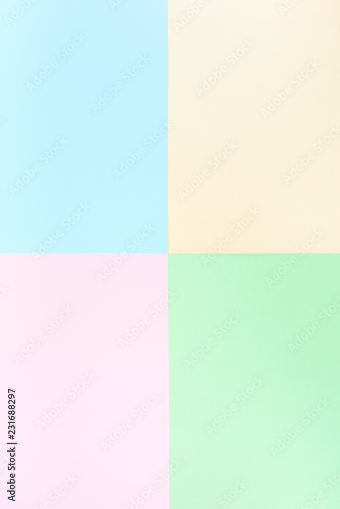 Background pastel colors: pink, yellow, blue, green. Geometric pattern papers. Minimal concept. Flat lay, Top view. 