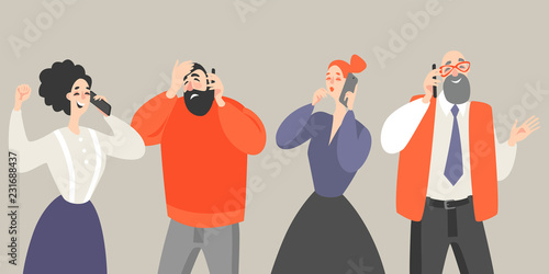 Vector illustration of men and women in cartoon style talking on mobile phones