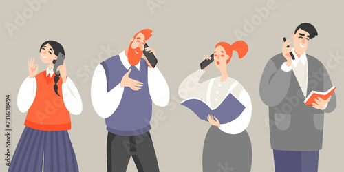 Set of vector illustrations of people talking on mobile phones.