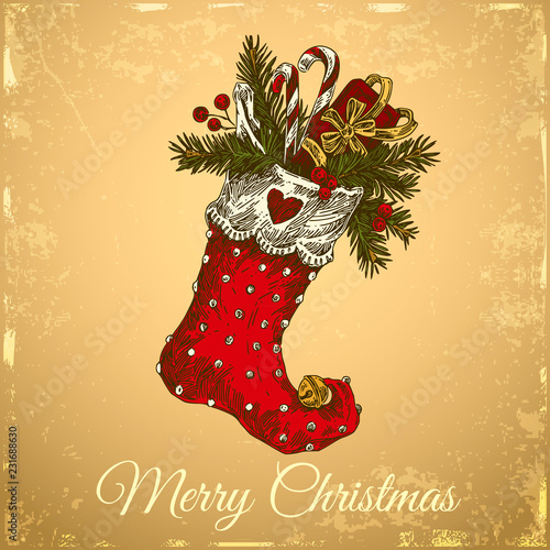 Vintage greeting color card. Christmas sock with gifts, candy and fir branches. Engraving style. Vector illustration