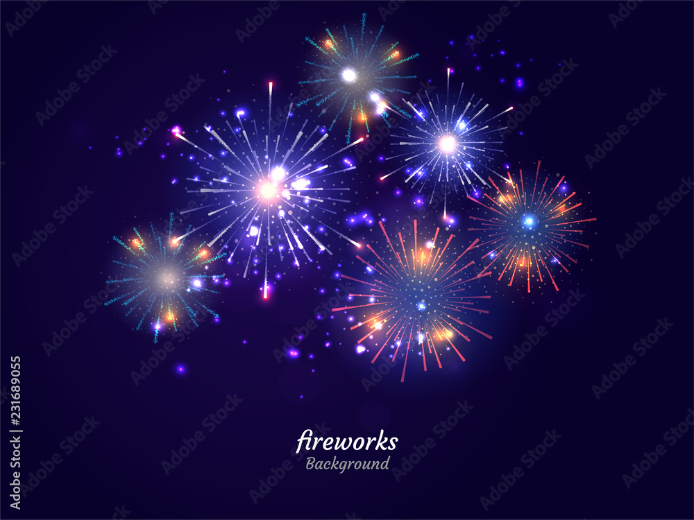 Naklejka premium Colorful Fireworks on night sky background. Vector illustration