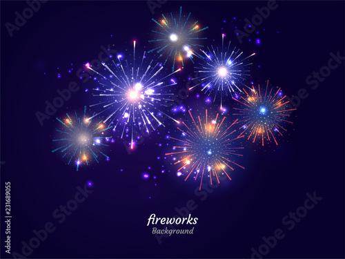 Colorful Fireworks on night sky background. Vector illustration