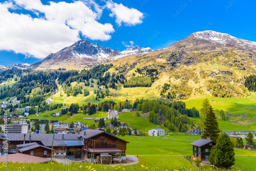 Obraz premium Wooden cottage houses on green fields, Davos, Graubuenden, Switzerland