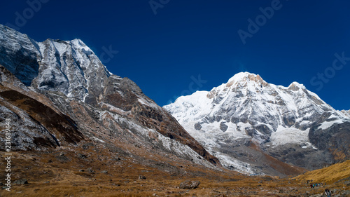 Himalayas mountain landscape in the Annapurna region. Annapurna peak in the Himalaya range  Nepal. Annapurna base camp trek. Snowy mountains  high peaks of Annapurna