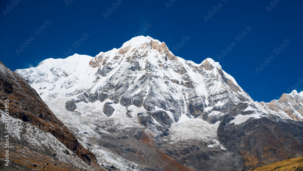 Himalayas mountain landscape in the Annapurna region. Annapurna peak in the Himalaya range, Nepal. Annapurna base camp trek. Snowy mountains, high peaks of Annapurna