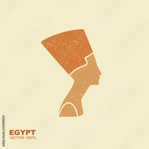 Egyptian silhouette icon. Queen Nefertiti. Vector flat icon with scuffed effect