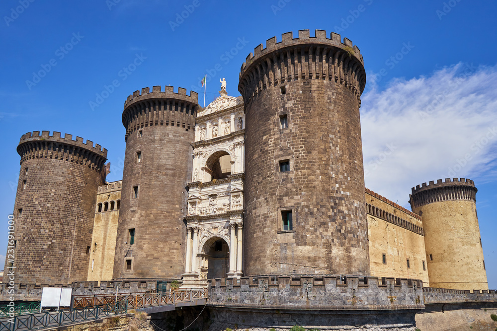 Castel nuovo medieval architecture castle with towers military fortress in Naples historic monument landmark ancient history building