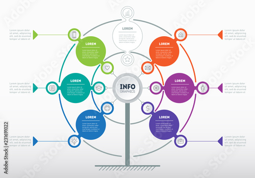 Business presentation concept with six or seven options and 14 icons. Web Template of tree, info chart or diagram with 6 process. Vector infographic of technology or education with 6 or 7 steps.