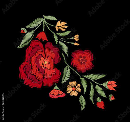 Embroidered bouquet of flowers on a black background. Vector floral print.