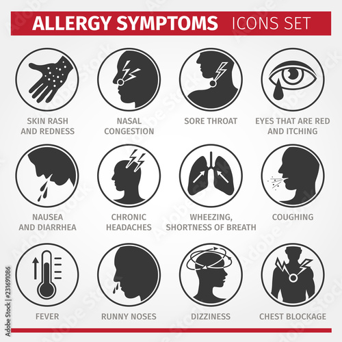 Signs and symptoms of allergies. Vector icons.