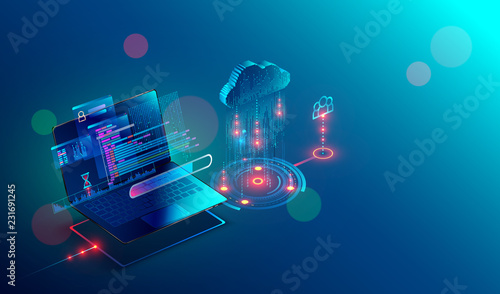 laptop connection on cloud storage for collaboration work with remote team. Cooperation work via internet and work with project in shared access. Isometric infographic concept.