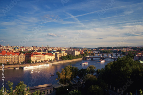 Prague bridges and famous Charles bridge across Vltava river, sunset sky, Czech republic medievil architecture historical and cultural landmark