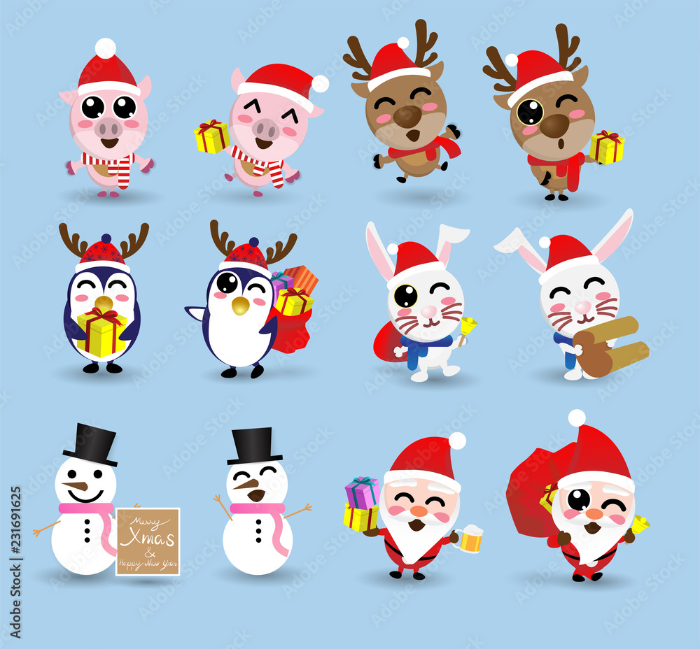 Obraz premium kawaii cute Christmas Santa Claus and friend,happy new year