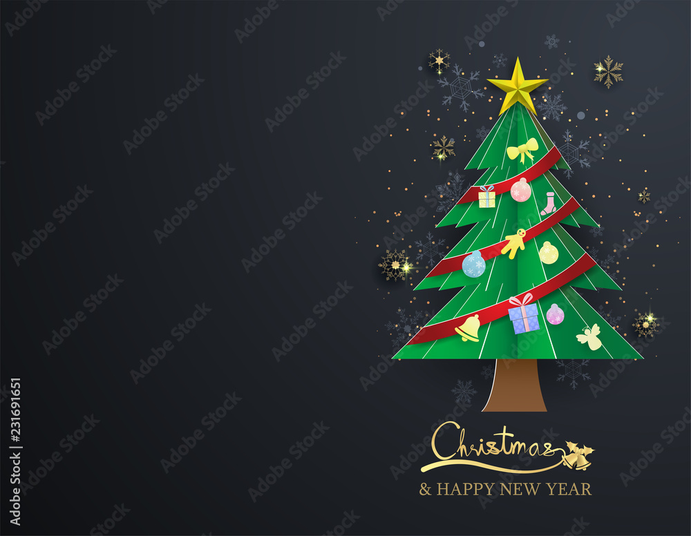 paper cut christmas tree on black background ,happy new year paper cut christmas tree on black background ,happy new year