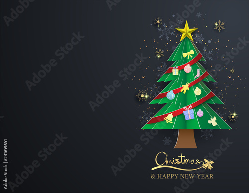 paper cut christmas tree on black background  happy new year
