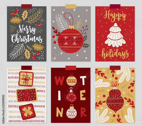 Set of Christmas greeting cards with fir tree, berry, leaves