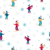 Christmas seamless pattern with snowflakes, skaters and skiers