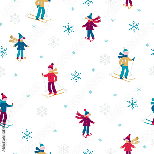 Christmas seamless pattern with snowflakes, skaters and skiers