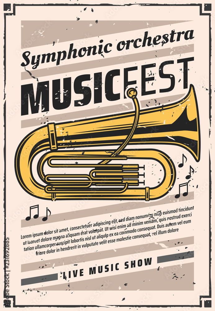Fototapeta premium Symphonic orchestra at music fest, vintage poster