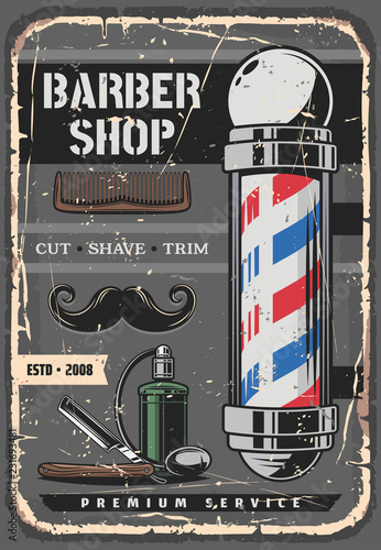 Mustaches beard, razor and barber shop pole