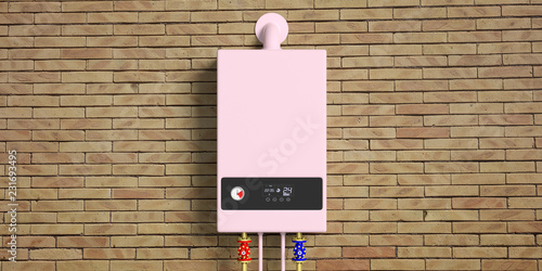Home gas boiler, water heater isolated on brick wall, front view. 3d illustration