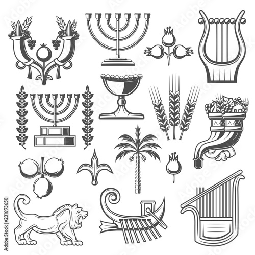 Israel culture and judaism religion vector icons