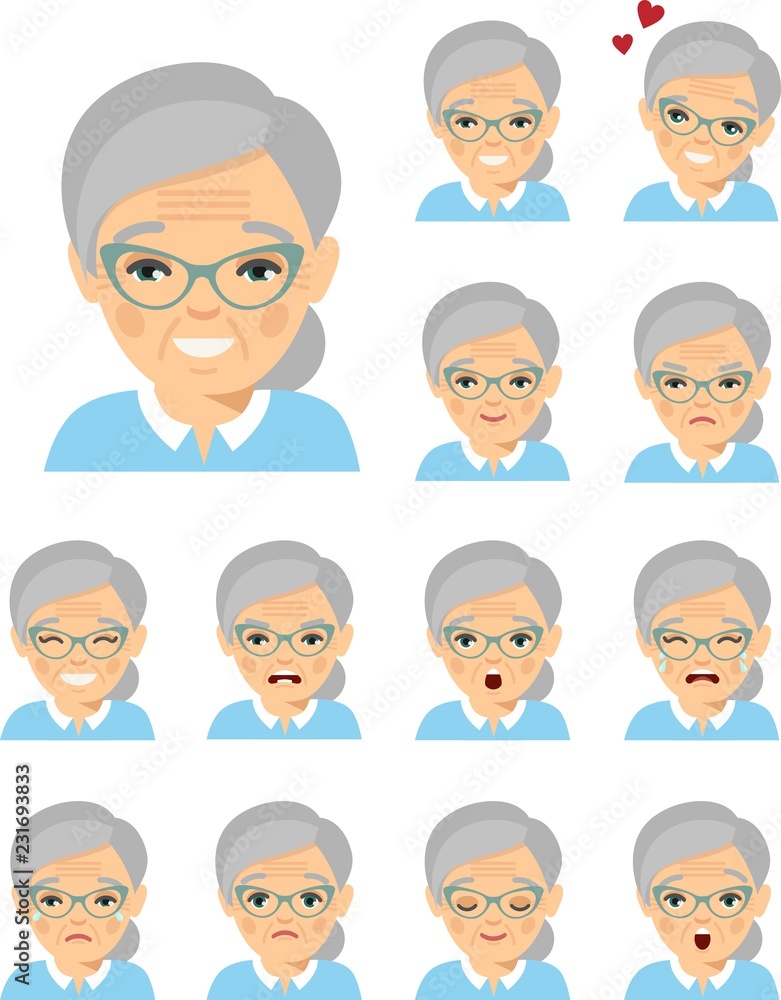 Set of different european avatar old women in colorful flat style. Collection of various emotion expression avatar age female happy, angry, sad, funny. Set of different european avatar old women in colorful flat style. Collection of various emotion expression avatar age female happy, angry, sad, funny.
