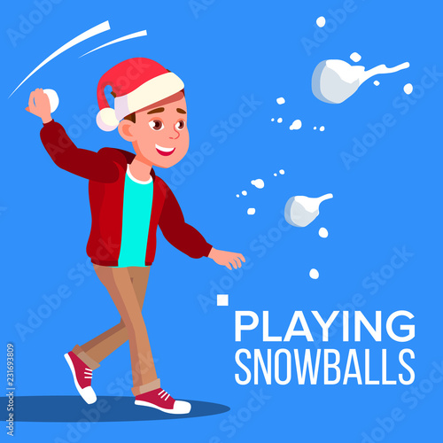 Child Boy In Santa Hat Playing Snowballs Vector. Illustration