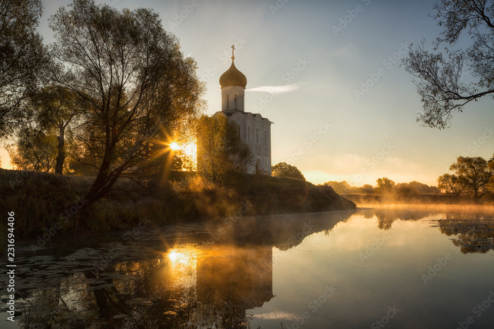 Church of Intercession upon Nerl River. (Bogolubovo, Vladimir region, Golden Ring of Russia) in autumn sunrise