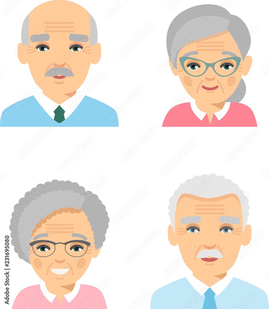 Set of different european avatar old peoples in colorful flat style. Collection of various faces of international age man, woman.
Set of different european avatar old peoples in colorful flat style. Collection of various faces of international age man, woman.