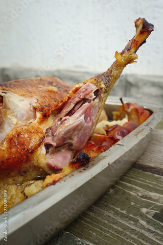 Duck with apples, traditional rustic recipe.Selective focus.