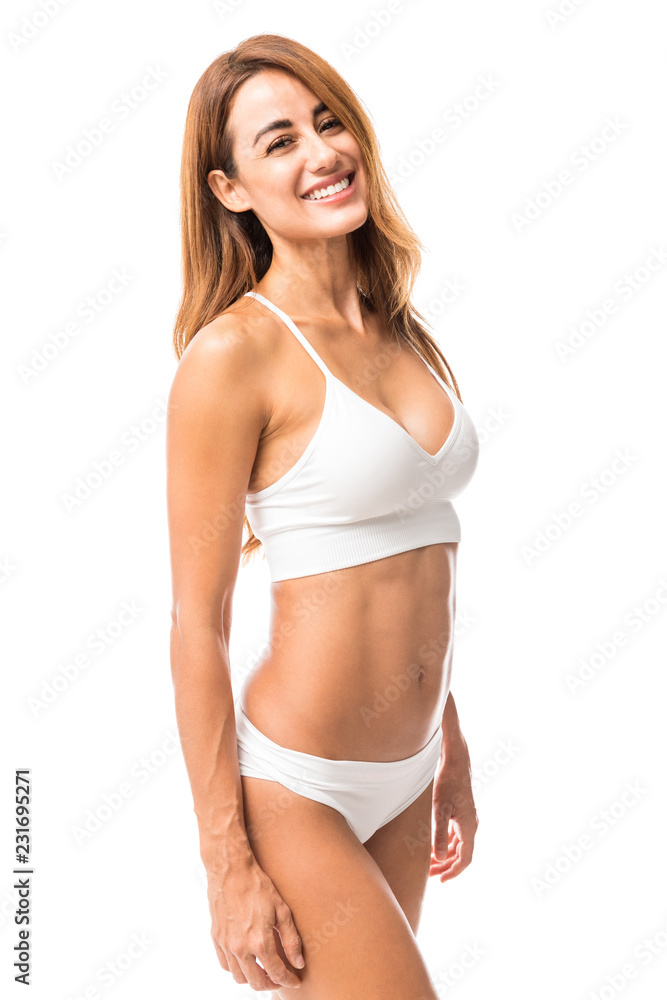 Obraz premium Fit Woman With Smooth Body On White Background