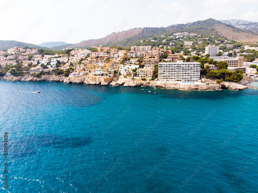 Aerial view, Spain, Balearic Islands, Mallorca, Calvia region, Costa de la Calma, overlooking Peguera, Cala Fornels with hotels and beaches