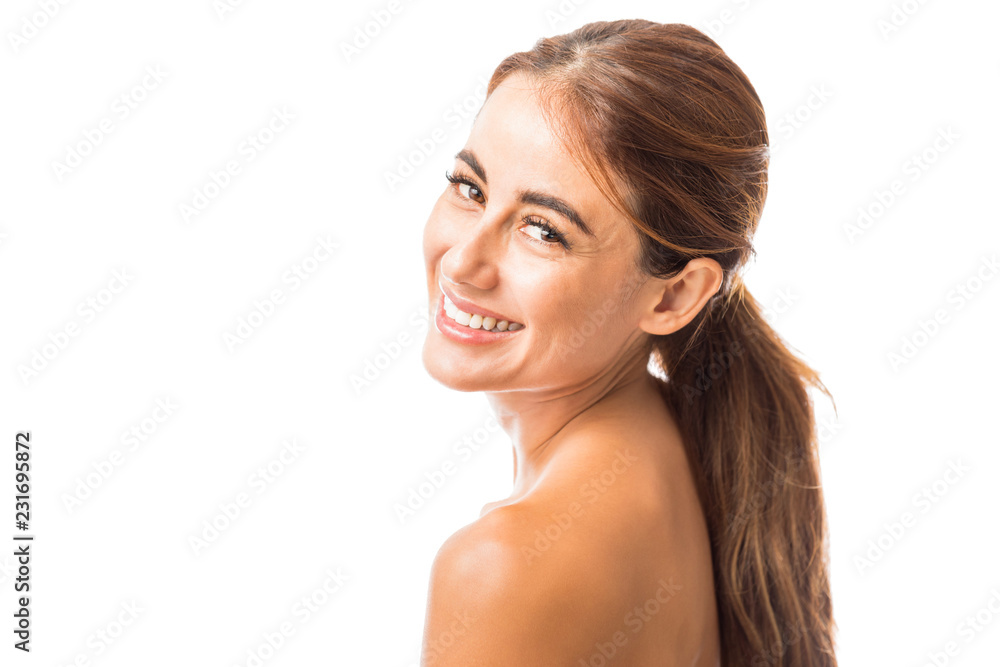 Happy Shirtless Woman Against White Background