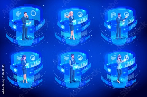 Isometrics set of businessmen and business ladies work on virtual screens, watch reports on sales and sales schedules. High tech