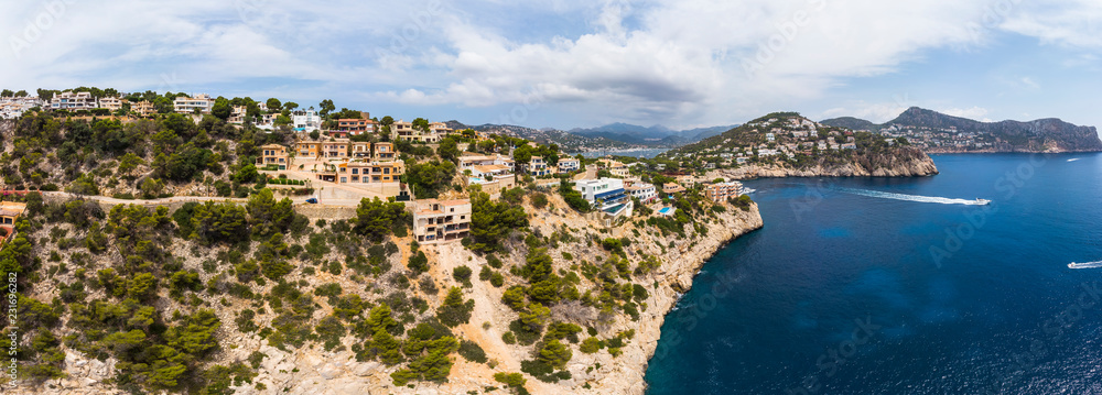 Aerial view, Spain, Balearic Islands, Mallorca, Andrax region, Cala LLamp and Cala Marmassen cliffs with villas on the Punta des Mila