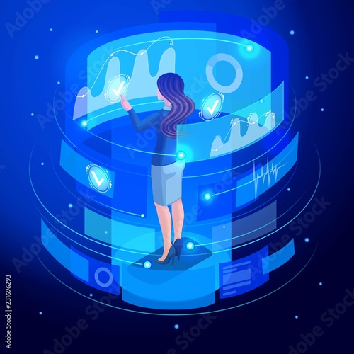 Isometric business lady works on a virtual screen, virtual reality, remote management of data and graphs. High tech. Back view